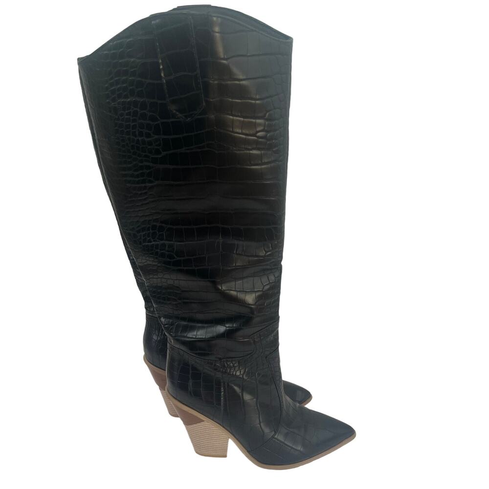 Women's Tall Black Western Croc Embossed Boots with Cutout Block Heel Size 38/8